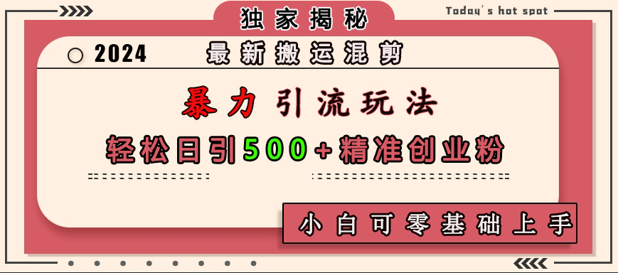 最新搬运混剪暴力引流玩法，轻松日引500+精准创业粉，小白可零基础上手-佐帆副业网