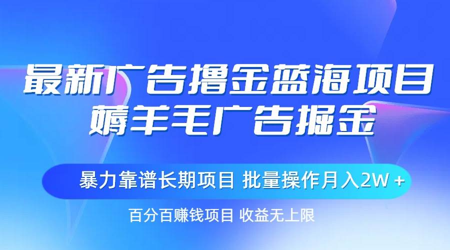 最新广告撸金蓝海项目，薅羊毛广告掘金 长期项目 批量操作月入2W＋-佐帆副业网