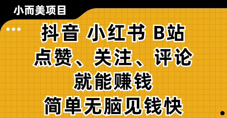 小而美的项目，抖音、小红书、B站视频点赞、关注、评论就能赚钱，简单无脑立见收益！妥妥的零撸项目-佐帆副业网