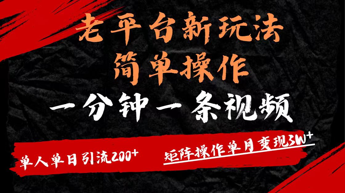 老平台，新玩法，简单操作，一分钟一条视频，单人单人引流200+矩阵操作，单月变现3W-佐帆副业网
